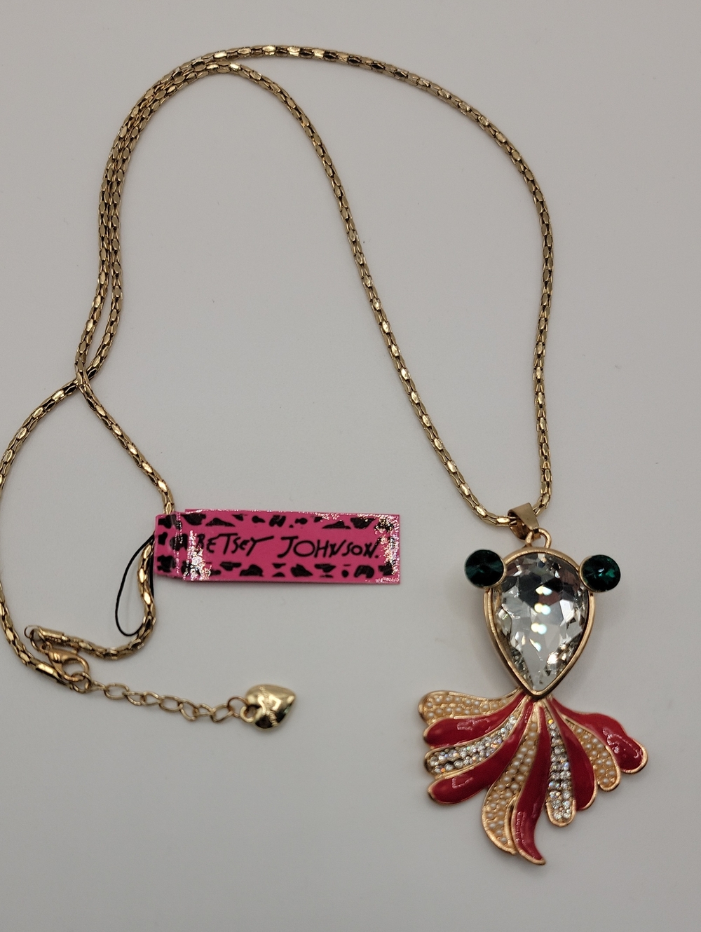 Betsey Johnson Rhinestone Crystal Goldfish Necklace Gold Tone Chain 28"
